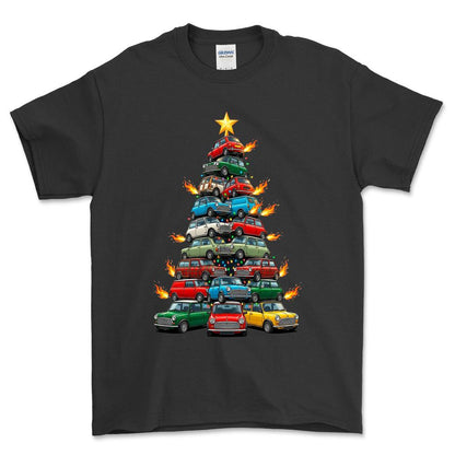 Mini Cooper old Juletræ Christmas Tree - Unisex T-Shirt-Beklædning-Mini-Sort-S-Forside-Garage Culture Shop- garage - man cave - merchandise