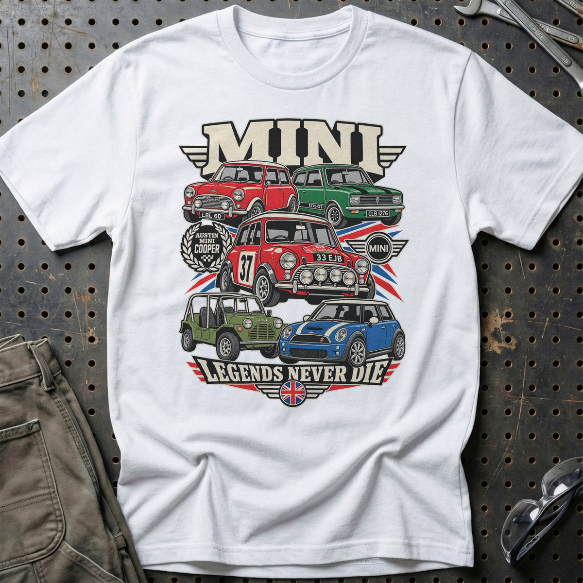 Mini Legends Never Die T-Shirt-Beklædning-Mini-Hvid-S-Garage Culture Shop- garage - man cave - merchandise