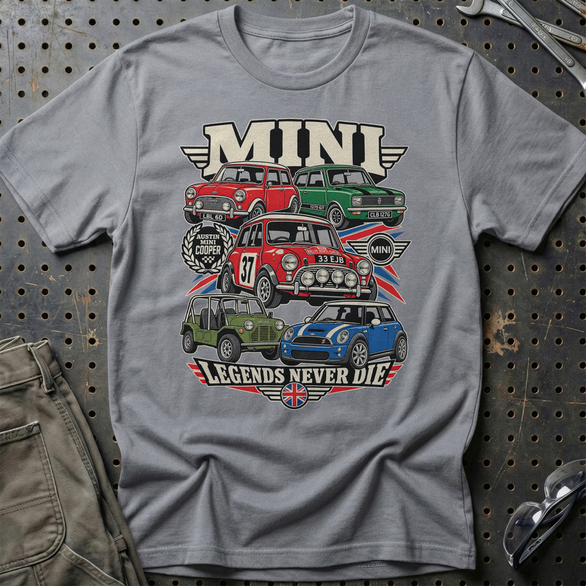 Mini Legends Never Die T-Shirt-Beklædning-Mini-Grå Sport-S-Garage Culture Shop- garage - man cave - merchandise