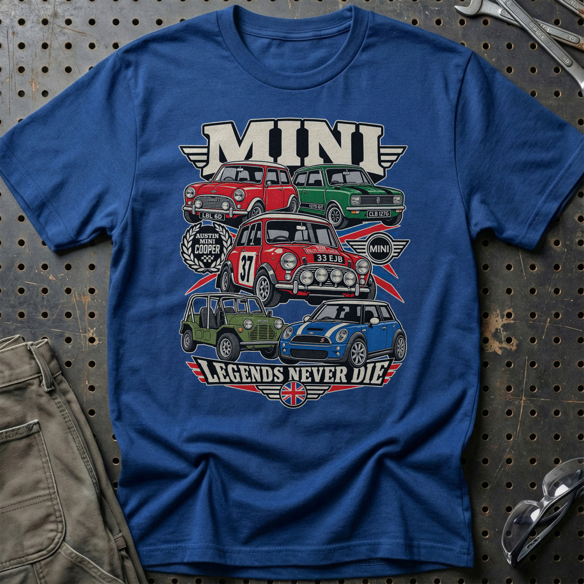 Mini Legends Never Die T-Shirt-Beklædning-Mini-Blå Royal-S-Garage Culture Shop- garage - man cave - merchandise
