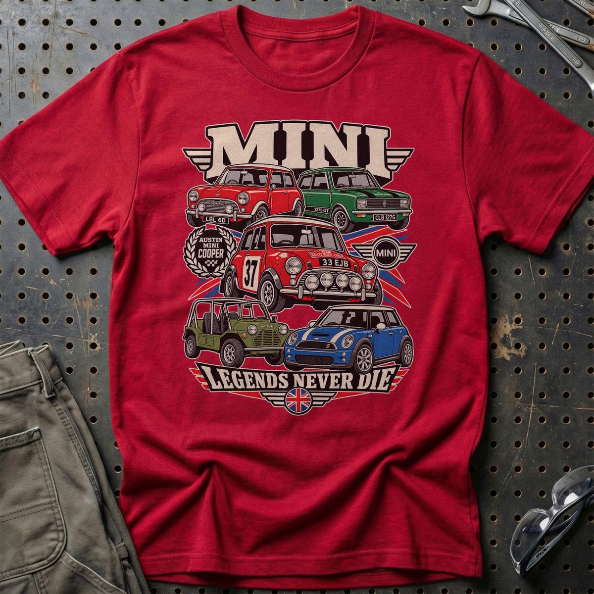 Mini Legends Never Die T-Shirt-Beklædning-Mini-Rød-S-Garage Culture Shop- garage - man cave - merchandise