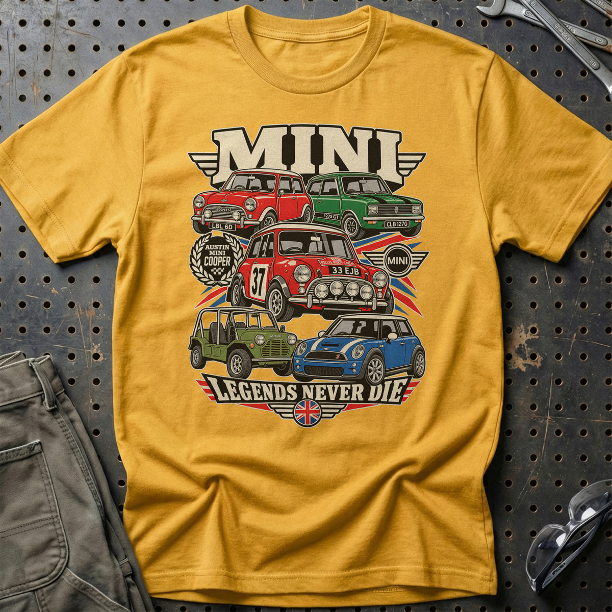 Mini Legends Never Die T-Shirt-Beklædning-Mini-Guld-S-Garage Culture Shop- garage - man cave - merchandise