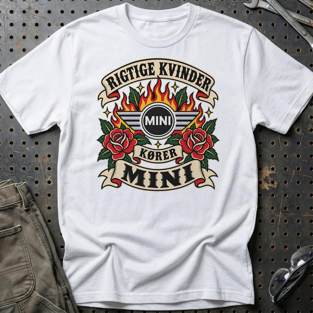 Mini Rigtige Kvinder Kører – Roser og Flammer T-Shirt-Beklædning-Mini-Hvid-S-Garage Culture Shop- garage - man cave - merchandise
