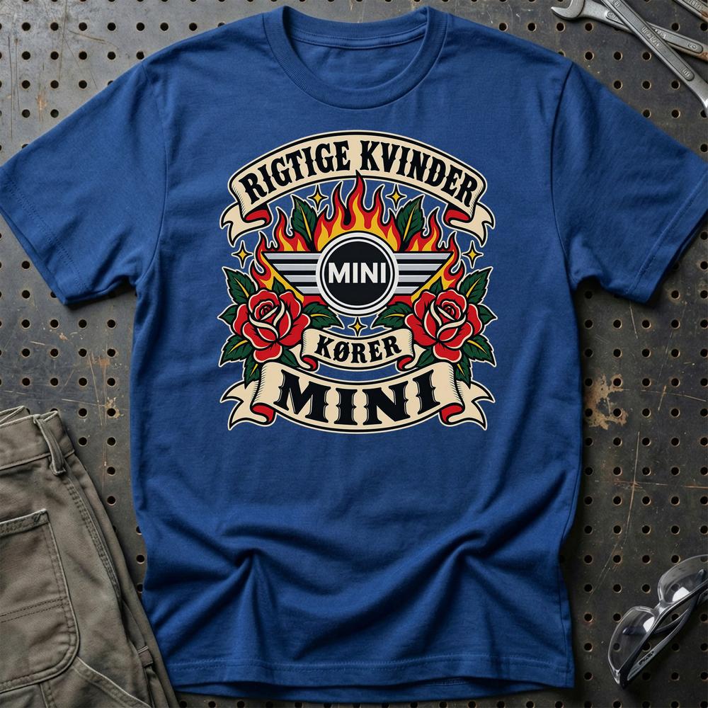 Mini Rigtige Kvinder Kører – Roser og Flammer T-Shirt-Beklædning-Mini-Blå Royal-S-Garage Culture Shop- garage - man cave - merchandise