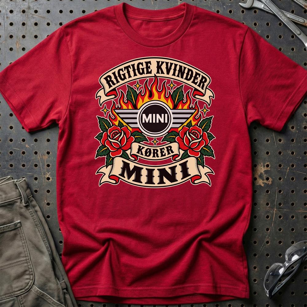 Mini Rigtige Kvinder Kører – Roser og Flammer T-Shirt-Beklædning-Mini-Rød-S-Garage Culture Shop- garage - man cave - merchandise