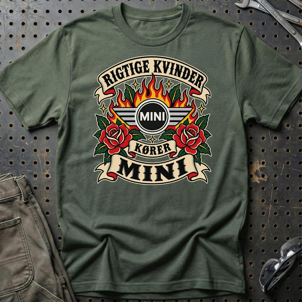 Mini Rigtige Kvinder Kører – Roser og Flammer T-Shirt-Beklædning-Mini-Grøn Militær-S-Garage Culture Shop- garage - man cave - merchandise