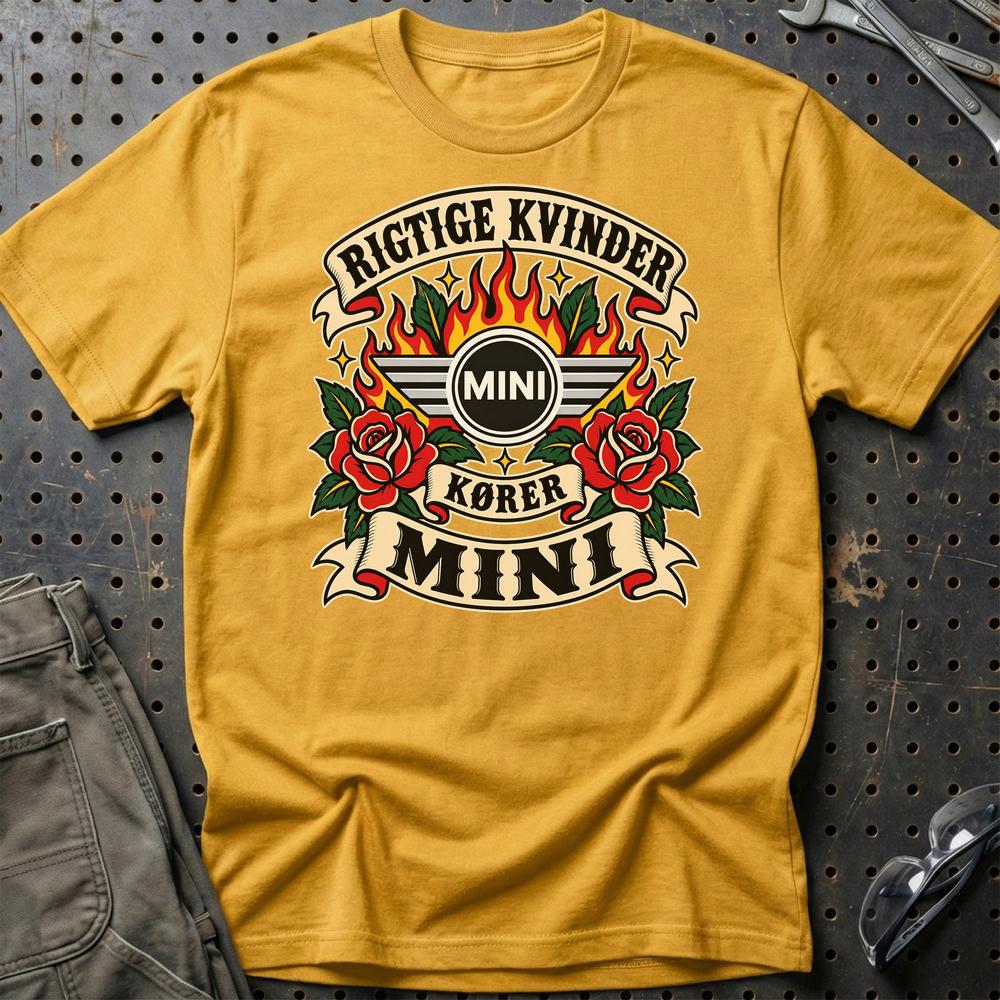 Mini Rigtige Kvinder Kører – Roser og Flammer T-Shirt-Beklædning-Mini-Guld-S-Garage Culture Shop- garage - man cave - merchandise