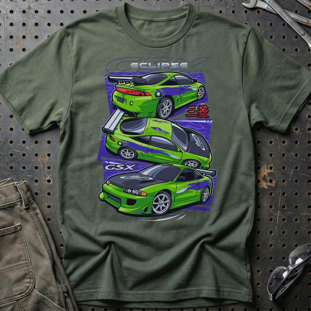 Mitsubishi Esclipe GSX Fast And Furios Cars - One Line Style Unisex T-Shirt-Beklædning-Mitsubishi-Grøn Militær-S-Garage Culture Shop- garage - man cave - merchandise