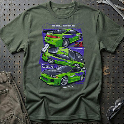 Mitsubishi Esclipe GSX Fast And Furios Cars - One Line Style Unisex T-Shirt-Beklædning-Mitsubishi-Grøn Militær-S-Garage Culture Shop- garage - man cave - merchandise