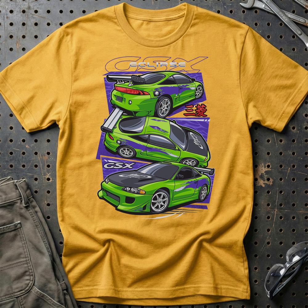 Mitsubishi Esclipe GSX Fast And Furios Cars - One Line Style Unisex T-Shirt-Beklædning-Mitsubishi-Guld-S-Garage Culture Shop- garage - man cave - merchandise