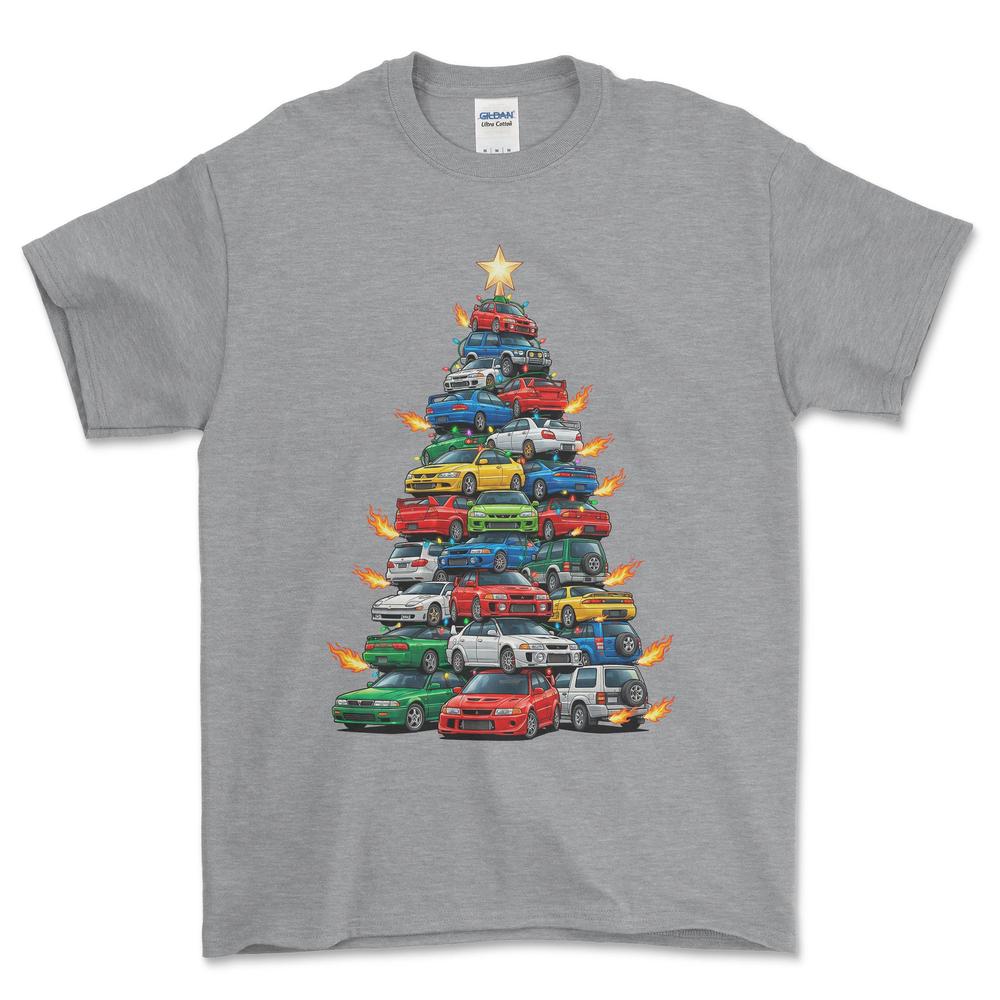 Mitsubishi Juletræ Christmas Tree - Unisex T-Shirt-Beklædning-Mitsubishi-Grå Sport-S-Forside-Garage Culture Shop- garage - man cave - merchandise