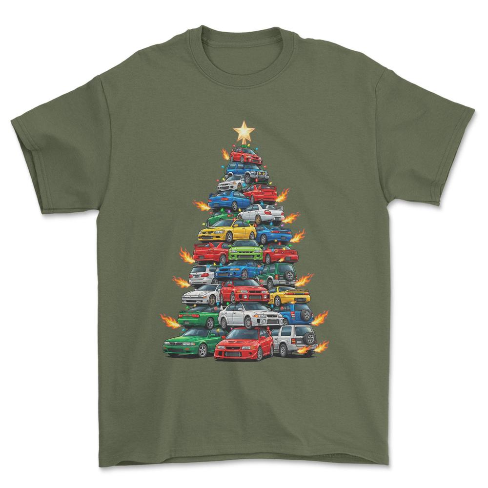 Mitsubishi Juletræ Christmas Tree - Unisex T-Shirt-Beklædning-Mitsubishi-Grøn Militær-S-Forside-Garage Culture Shop- garage - man cave - merchandise