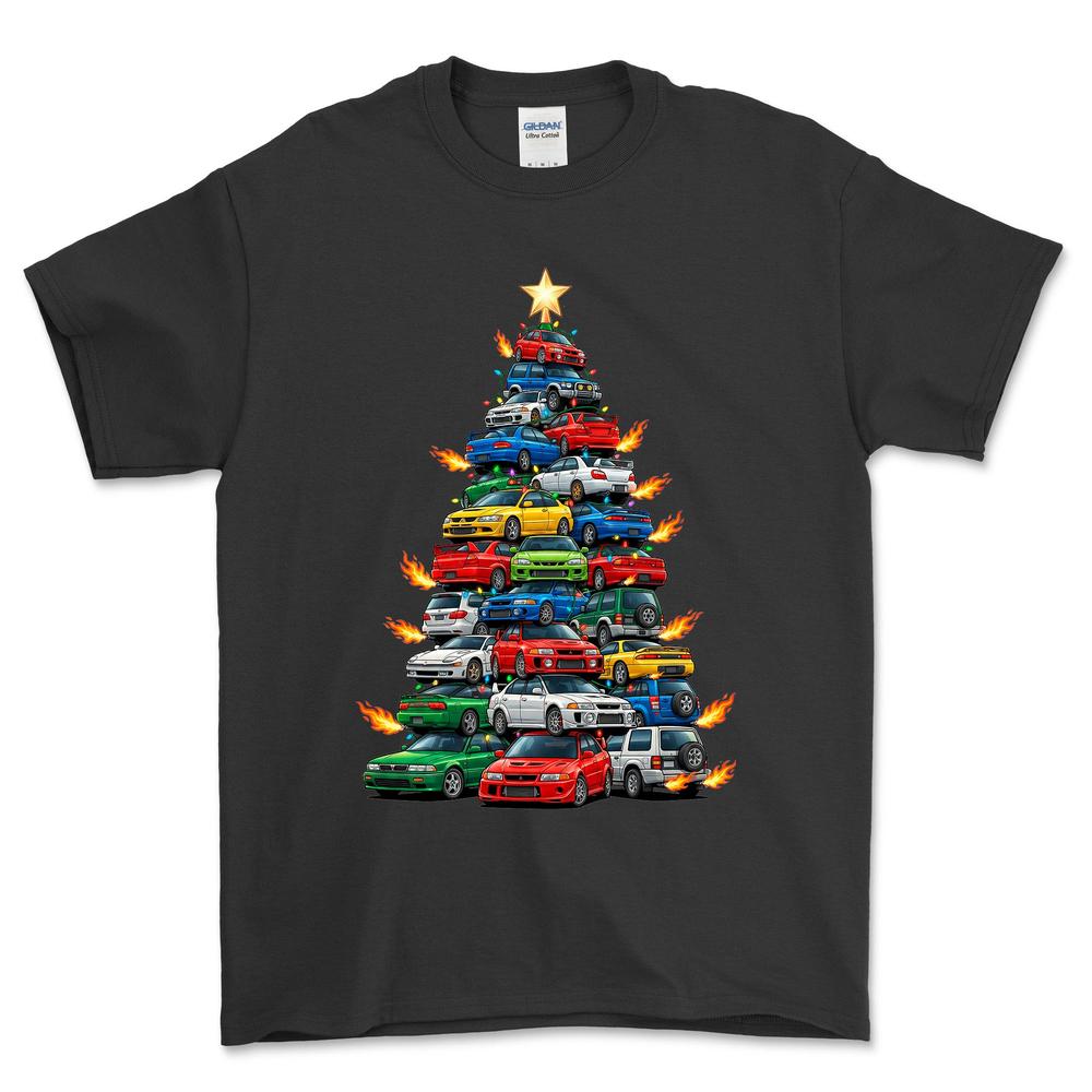 Mitsubishi Juletræ Christmas Tree - Unisex T-Shirt-Beklædning-Mitsubishi-Sort-S-Forside-Garage Culture Shop- garage - man cave - merchandise