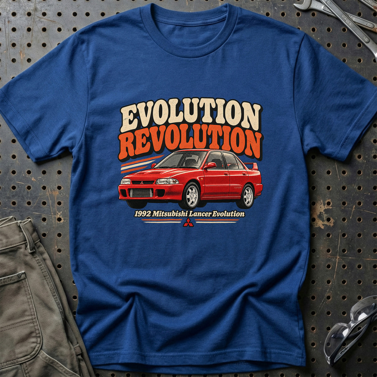 
Mitsubishi Lancer Evolution 1992 – Evolution Revolution T-Shirt – Blå Royal