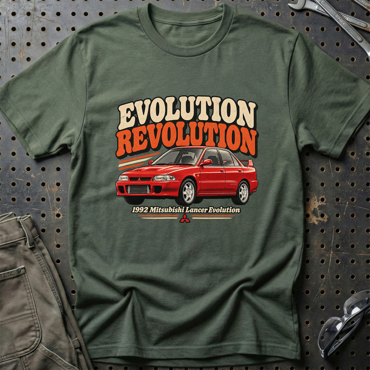 
Mitsubishi Lancer Evolution 1992 – Evolution Revolution T-Shirt – Grøn Militær