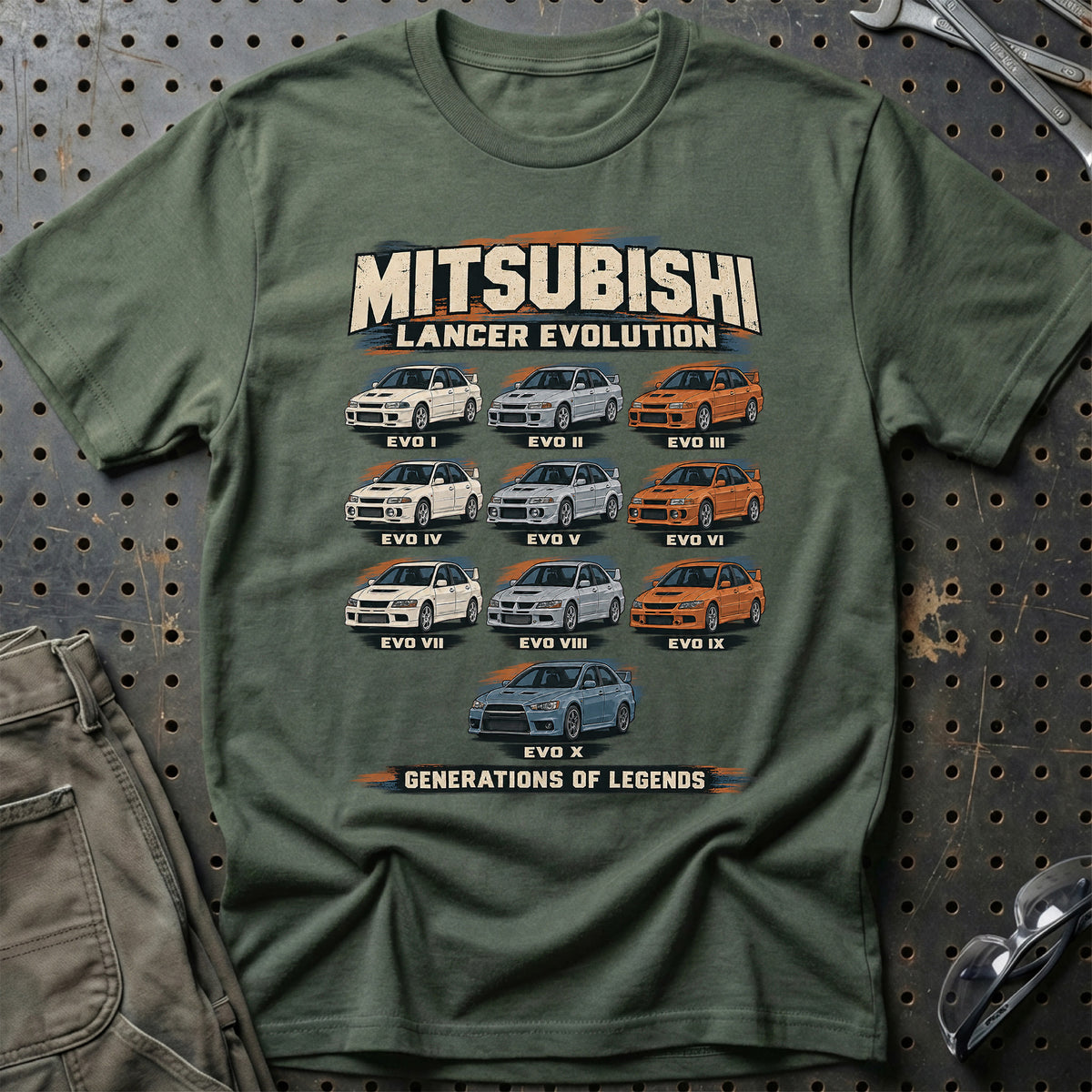 
Mitsubishi Lancer Evolution – Generations of Legends T-Shirt – Grøn Militær