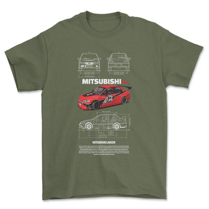 Mitsubishi Lancer - Unisex T-Shirt , Bomuld-Beklædning-Mitsubishi-Grøn Militær-S-Forside-Garage Culture Shop- garage - man cave - merchandise
