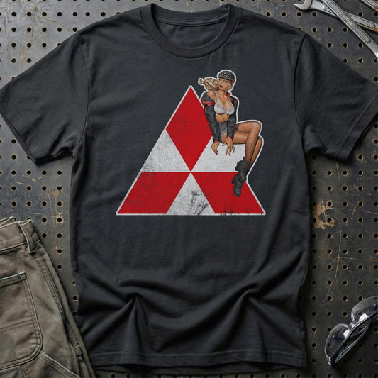 Mitsubishi Pinup - Unisex T-Shirt , Bomuld-Beklædning-Mitsubishi-Sort-S-Garage Culture Shop- garage - man cave - merchandise
