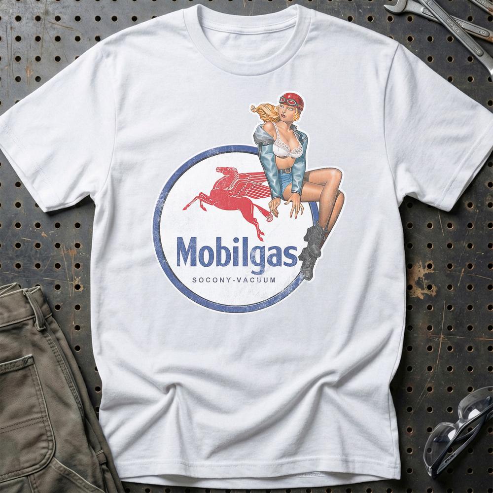 Mobilgas Pinup T-Shirt-Beklædning-Motoroil-Hvid-S-Garage Culture Shop- garage - man cave - merchandise