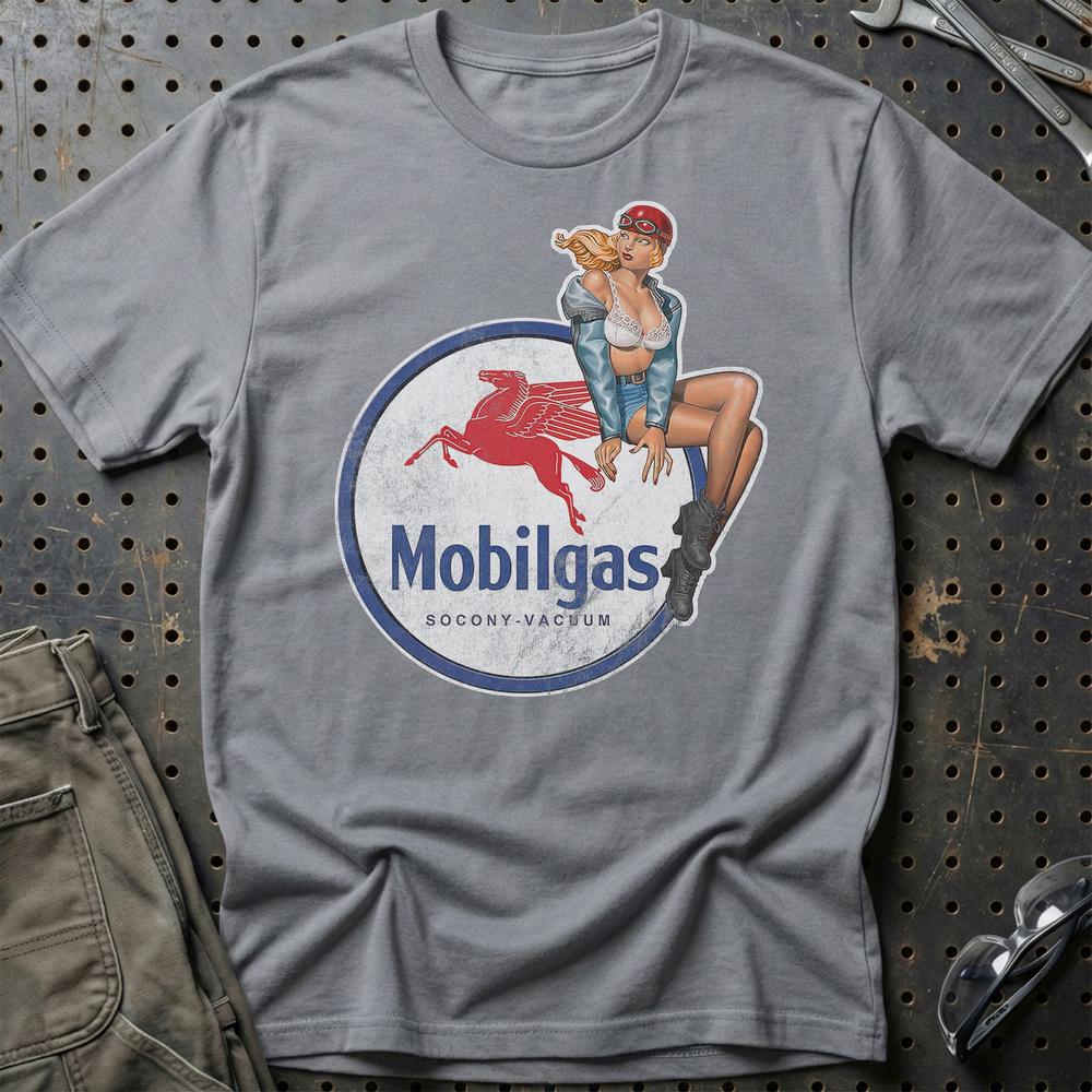 Mobilgas Pinup T-Shirt-Beklædning-Motoroil-Grå Sport-S-Garage Culture Shop- garage - man cave - merchandise