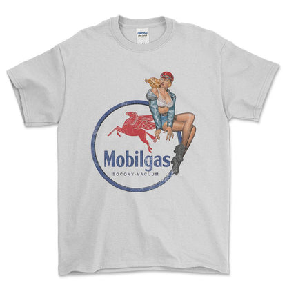 Mobilgas Pinup - Unisex T-Shirt , Bomuld-Beklædning-Motoroil-Hvid-S-Forside-Garage Culture Shop- garage - man cave - merchandise