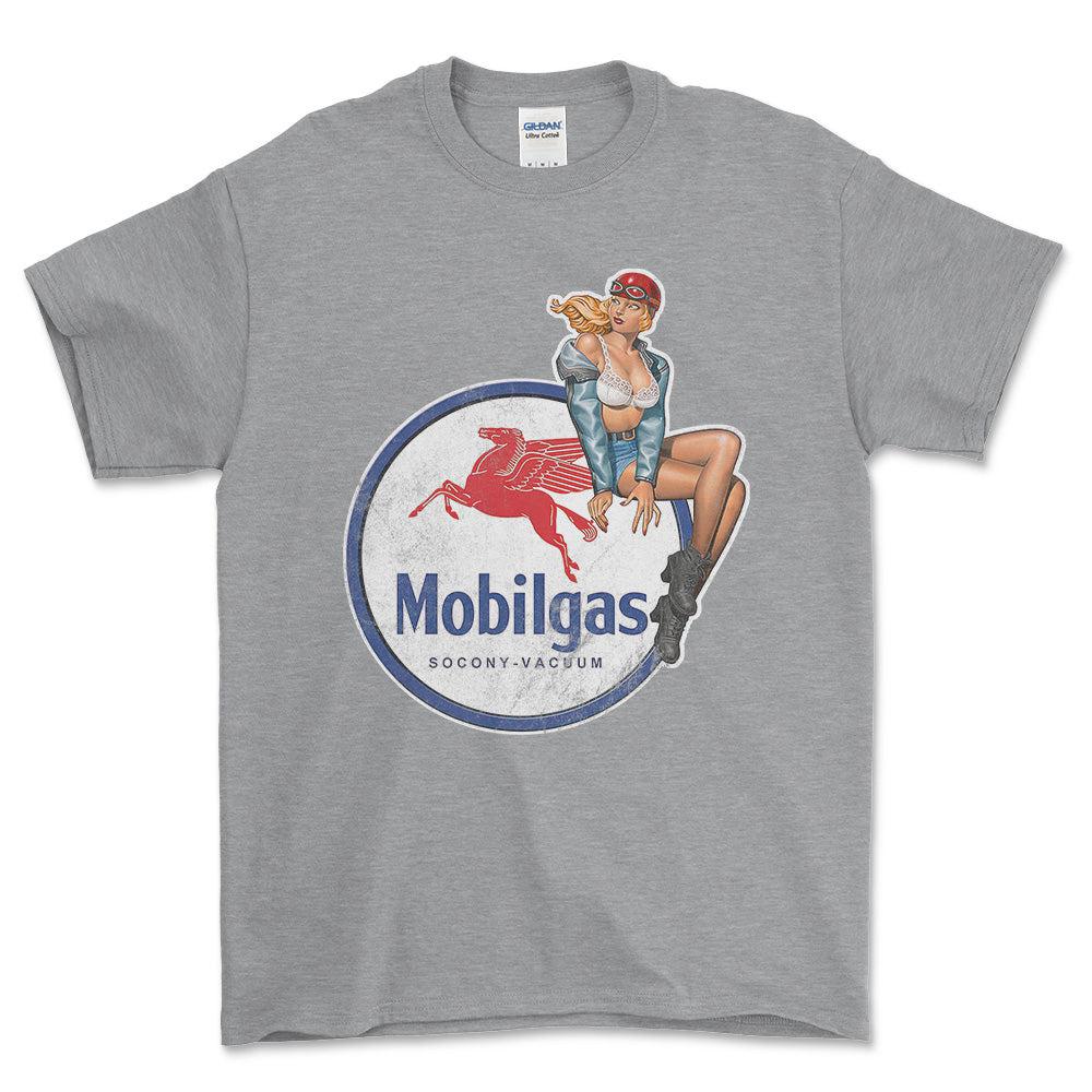 Mobilgas Pinup - Unisex T-Shirt , Bomuld-Beklædning-Motoroil-Grå Sport-S-Forside-Garage Culture Shop- garage - man cave - merchandise