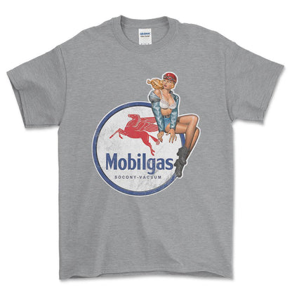 Mobilgas Pinup - Unisex T-Shirt , Bomuld-Beklædning-Motoroil-Grå Sport-S-Forside-Garage Culture Shop- garage - man cave - merchandise
