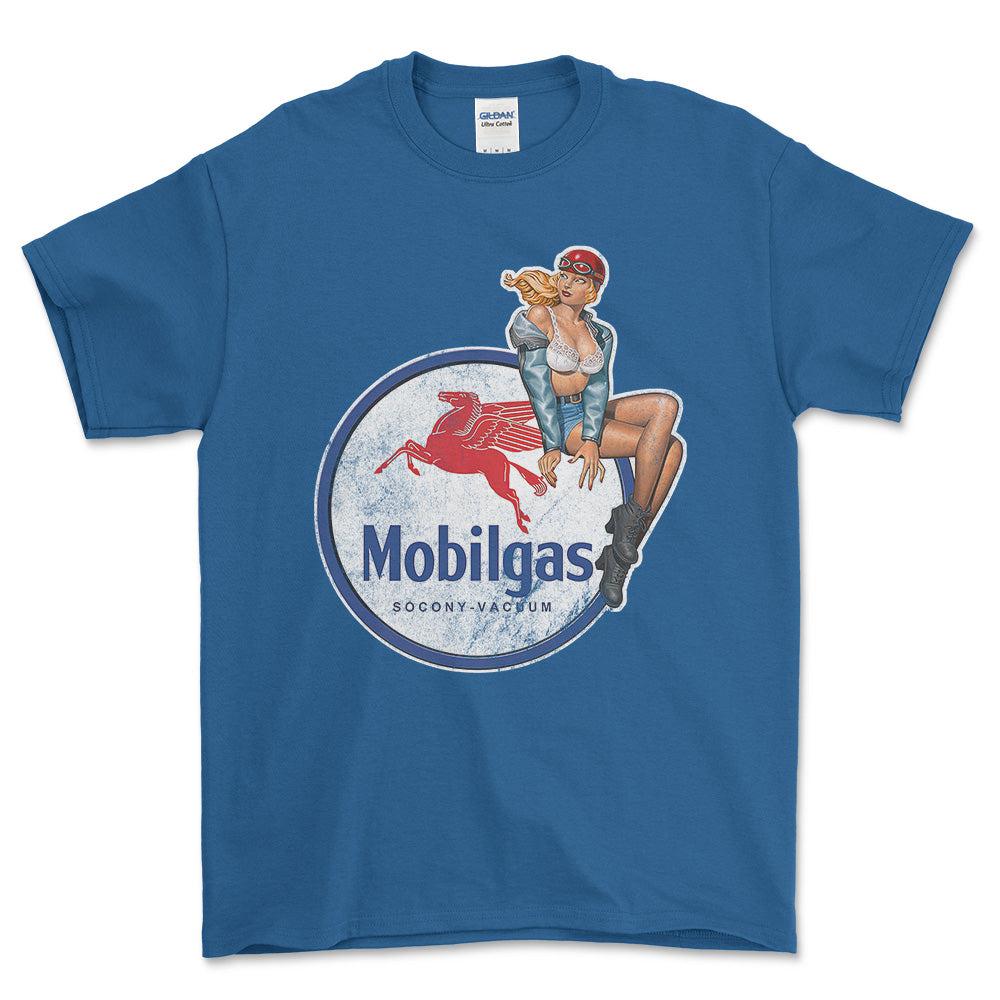 Mobilgas Pinup - Unisex T-Shirt , Bomuld-Beklædning-Motoroil-Blå Royal-S-Forside-Garage Culture Shop- garage - man cave - merchandise