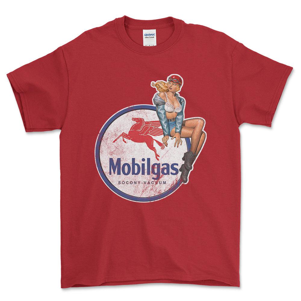 Mobilgas Pinup - Unisex T-Shirt , Bomuld-Beklædning-Motoroil-Rød-S-Forside-Garage Culture Shop- garage - man cave - merchandise