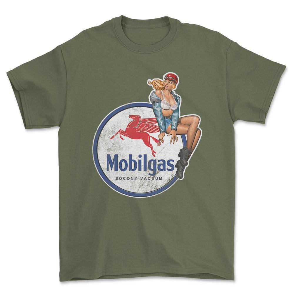 Mobilgas Pinup - Unisex T-Shirt , Bomuld-Beklædning-Motoroil-Grøn Militær-S-Forside-Garage Culture Shop- garage - man cave - merchandise