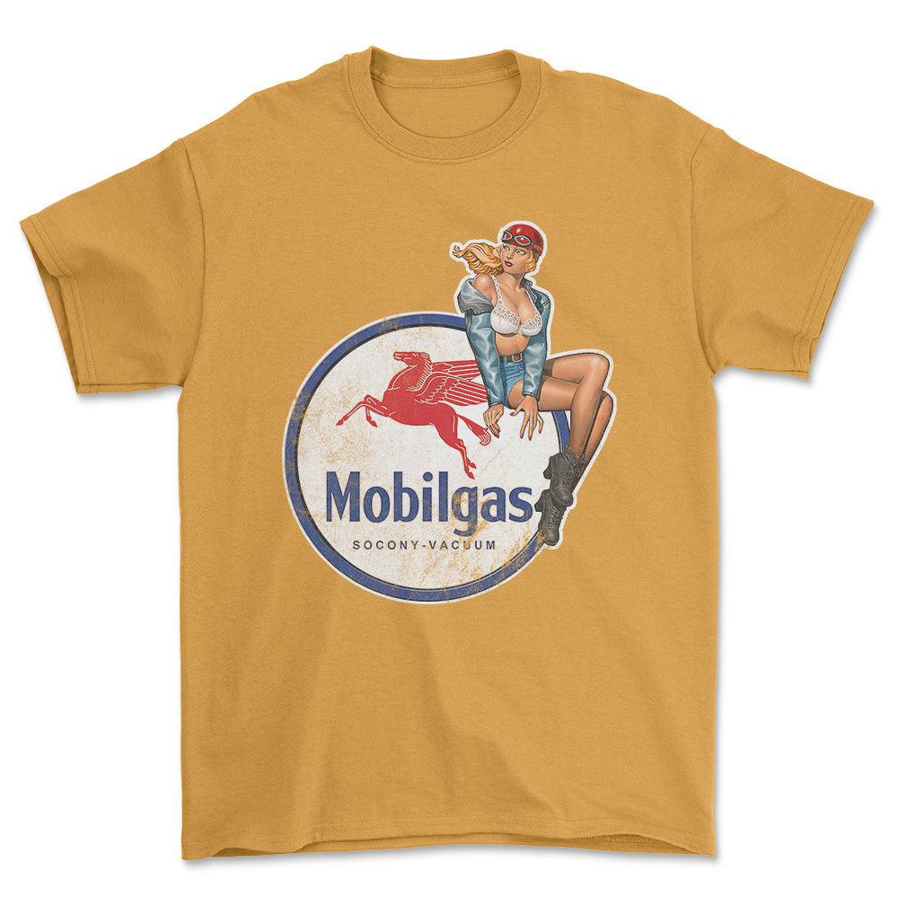 Mobilgas Pinup - Unisex T-Shirt , Bomuld-Beklædning-Motoroil-Guld-S-Forside-Garage Culture Shop- garage - man cave - merchandise