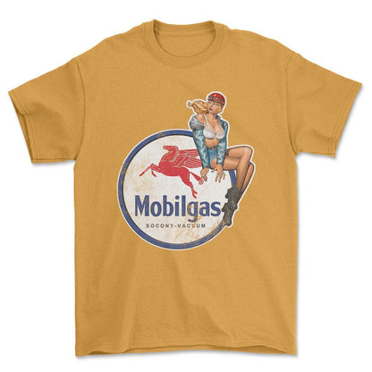 Mobilgas Pinup - Unisex T-Shirt , Bomuld-Beklædning-Motoroil-Guld-S-Forside-Garage Culture Shop- garage - man cave - merchandise
