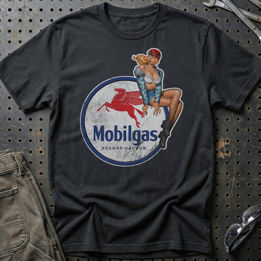 Mobilgas Pinup - Unisex T-Shirt , Bomuld-Beklædning-Motoroil-Sort-S-Garage Culture Shop- garage - man cave - merchandise