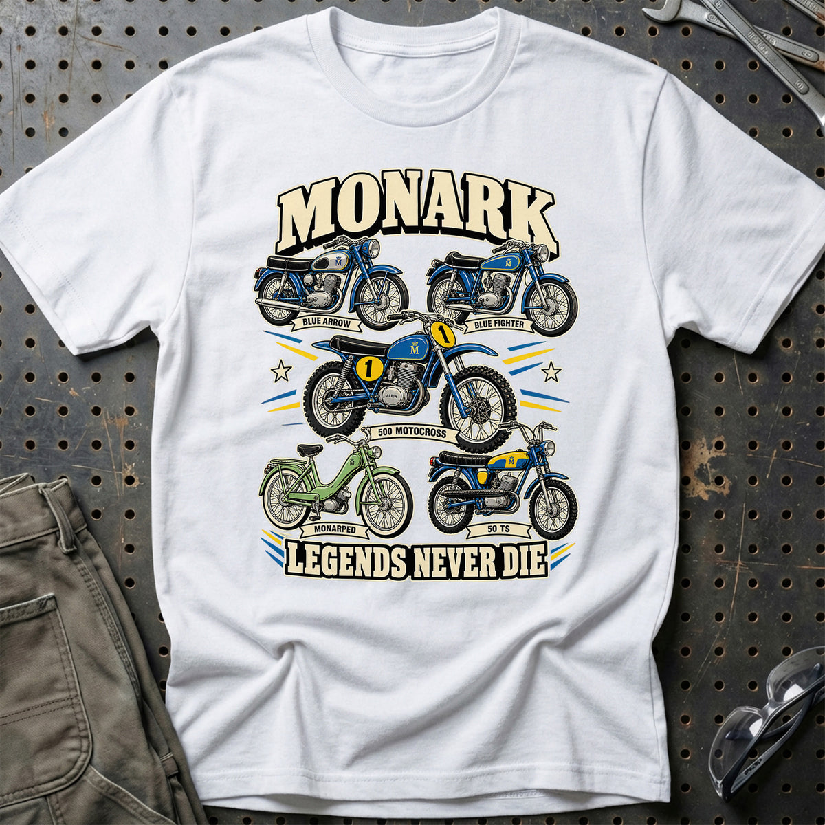 Monark Legends Never Die T-Shirt-Beklædning-Monark-Hvid-S-Garage Culture Shop- garage - man cave - merchandise