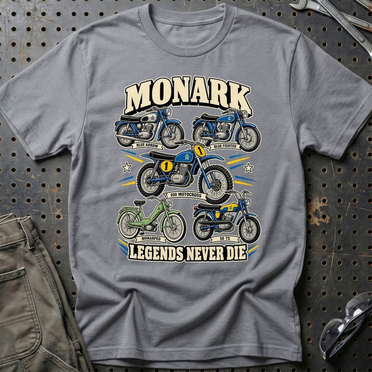 Monark Legends Never Die T-Shirt-Beklædning-Monark-Grå Sport-S-Garage Culture Shop- garage - man cave - merchandise