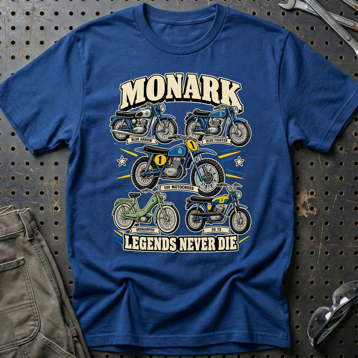 Monark Legends Never Die T-Shirt-Beklædning-Monark-Blå Royal-S-Garage Culture Shop- garage - man cave - merchandise