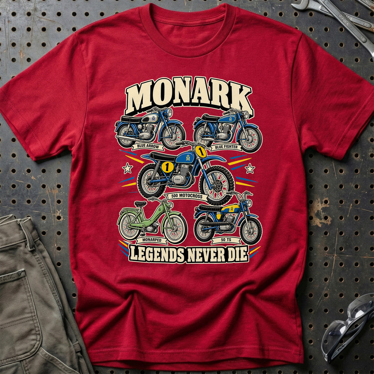 Monark Legends Never Die T-Shirt-Beklædning-Monark-Rød-S-Garage Culture Shop- garage - man cave - merchandise