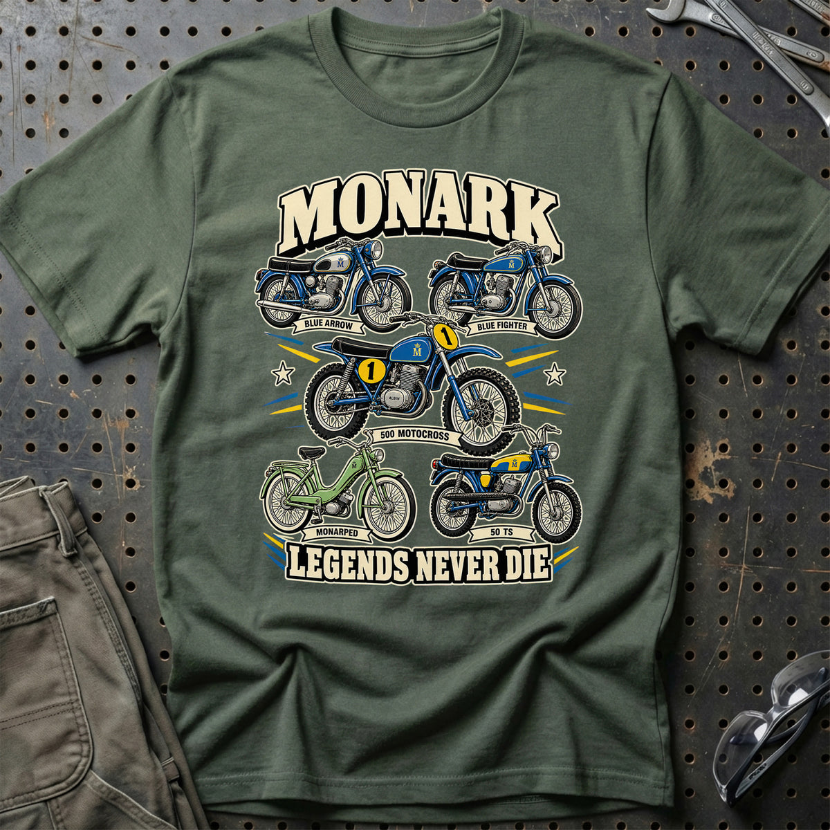 Monark Legends Never Die T-Shirt-Beklædning-Monark-Grøn Militær-S-Garage Culture Shop- garage - man cave - merchandise