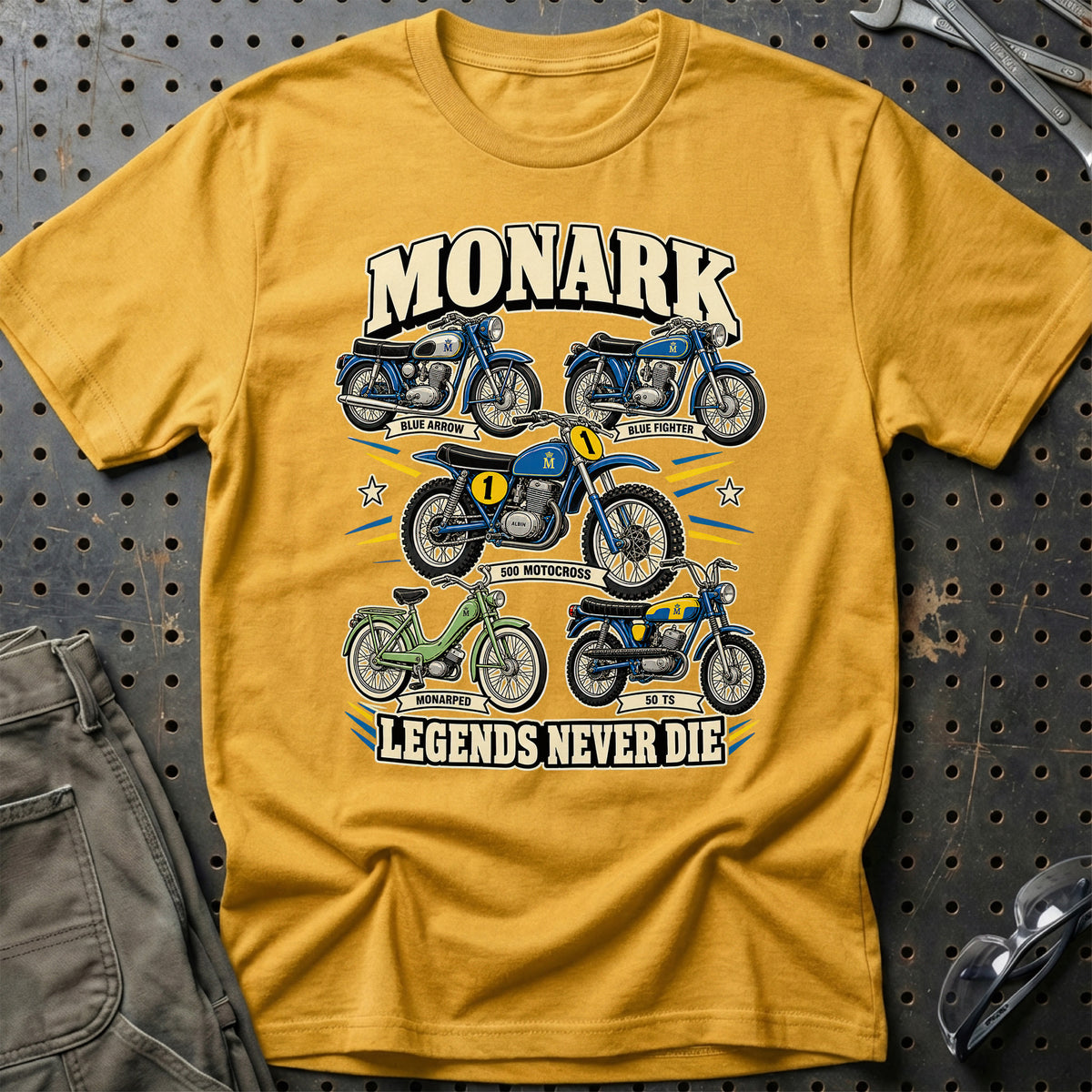 Monark Legends Never Die T-Shirt-Beklædning-Monark-Guld-S-Garage Culture Shop- garage - man cave - merchandise