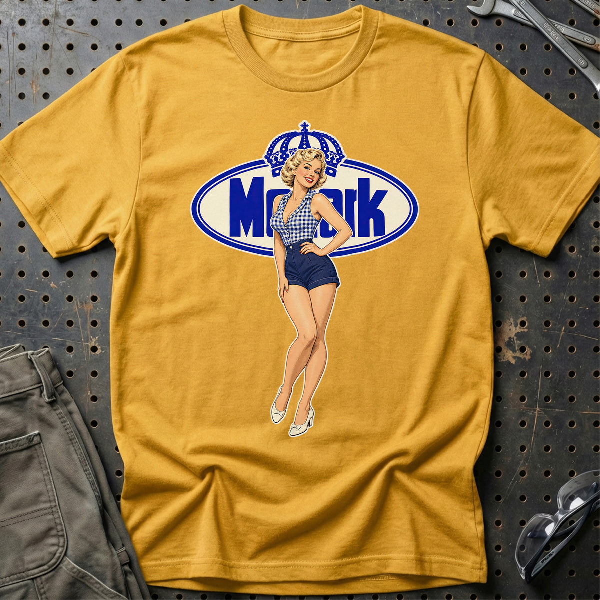 Monark Retro Pinup T-Shirt-Beklædning-Monark-Guld-S-Garage Culture Shop- garage - man cave - merchandise