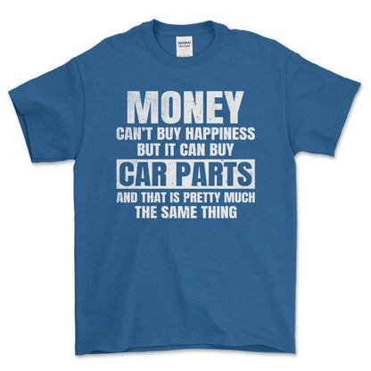 Money can't buy happiness but it can buy car parts T-Shirt , Bomuld-Beklædning-Garage Culture-Blå Royal-S-Forside-Garage Culture Shop- garage - man cave - merchandise