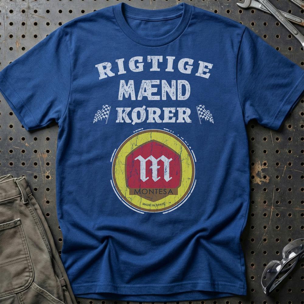 Montesa Rigtige Mænd Kører T-Shirt-Beklædning-Montesa-Blå Royal-S-Garage Culture Shop- garage - man cave - merchandise
