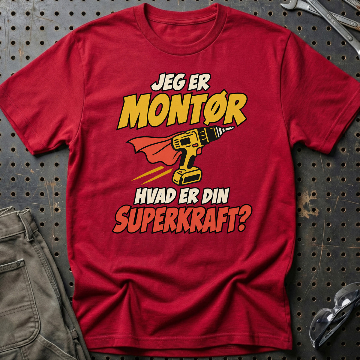 
Montør – Hvad er din superkraft? – Unisex T-Shirt – Rød