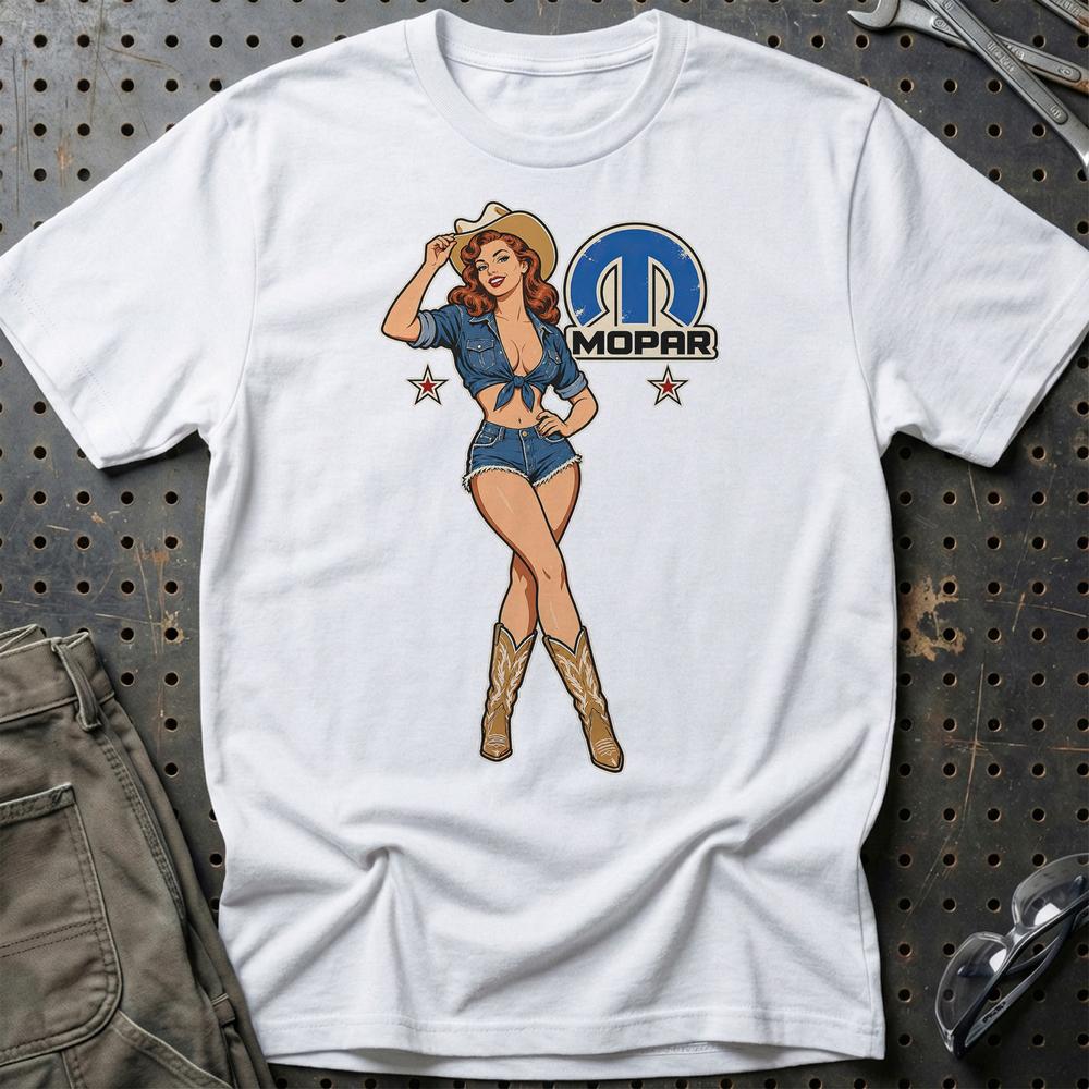 Mopar Cowboy Pinup T-Shirt-Beklædning-Mopar-Hvid-S-Garage Culture Shop- garage - man cave - merchandise
