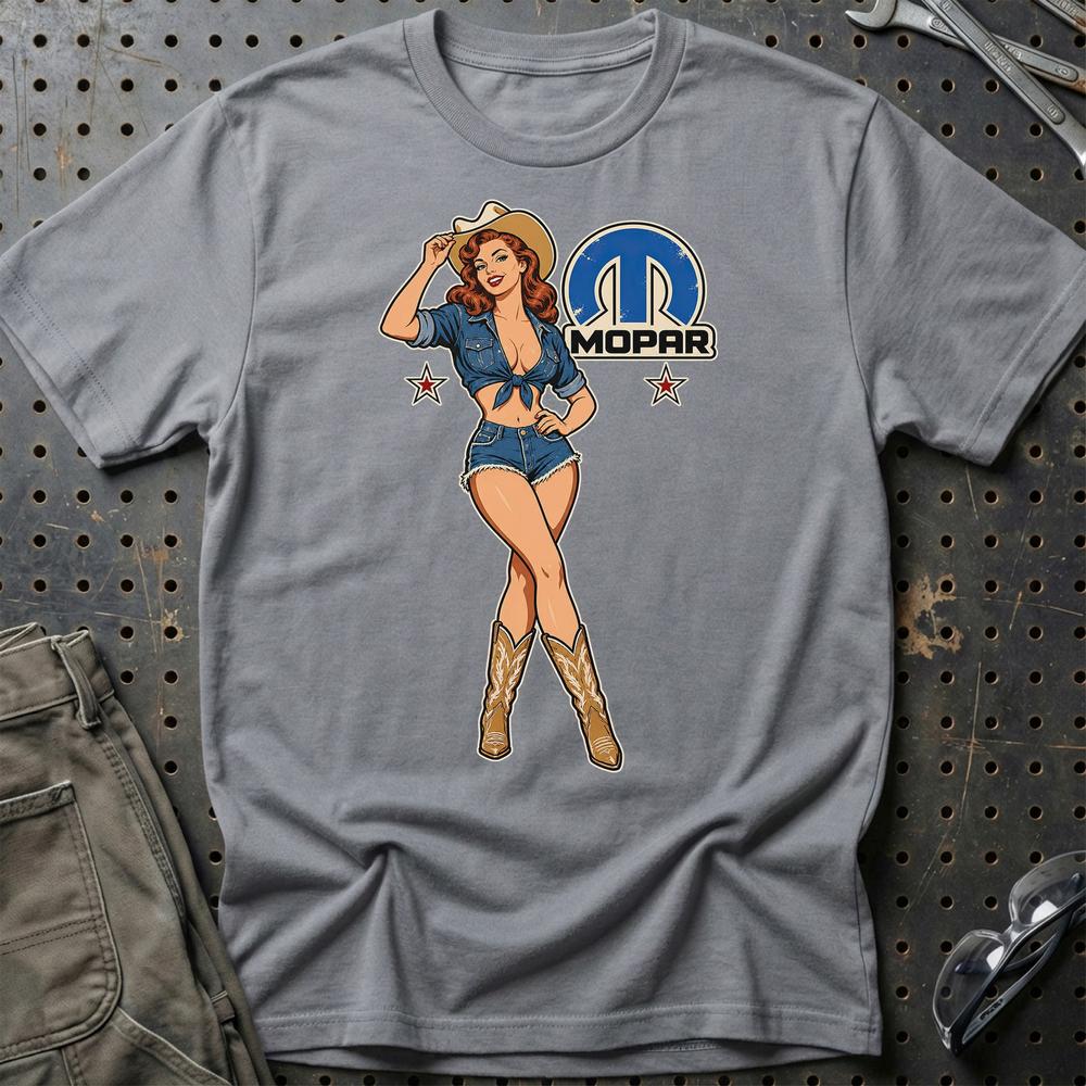 Mopar Cowboy Pinup T-Shirt-Beklædning-Mopar-Grå Sport-S-Garage Culture Shop- garage - man cave - merchandise