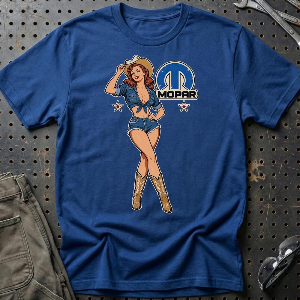 Mopar Cowboy Pinup T-Shirt-Beklædning-Mopar-Blå Royal-S-Garage Culture Shop- garage - man cave - merchandise