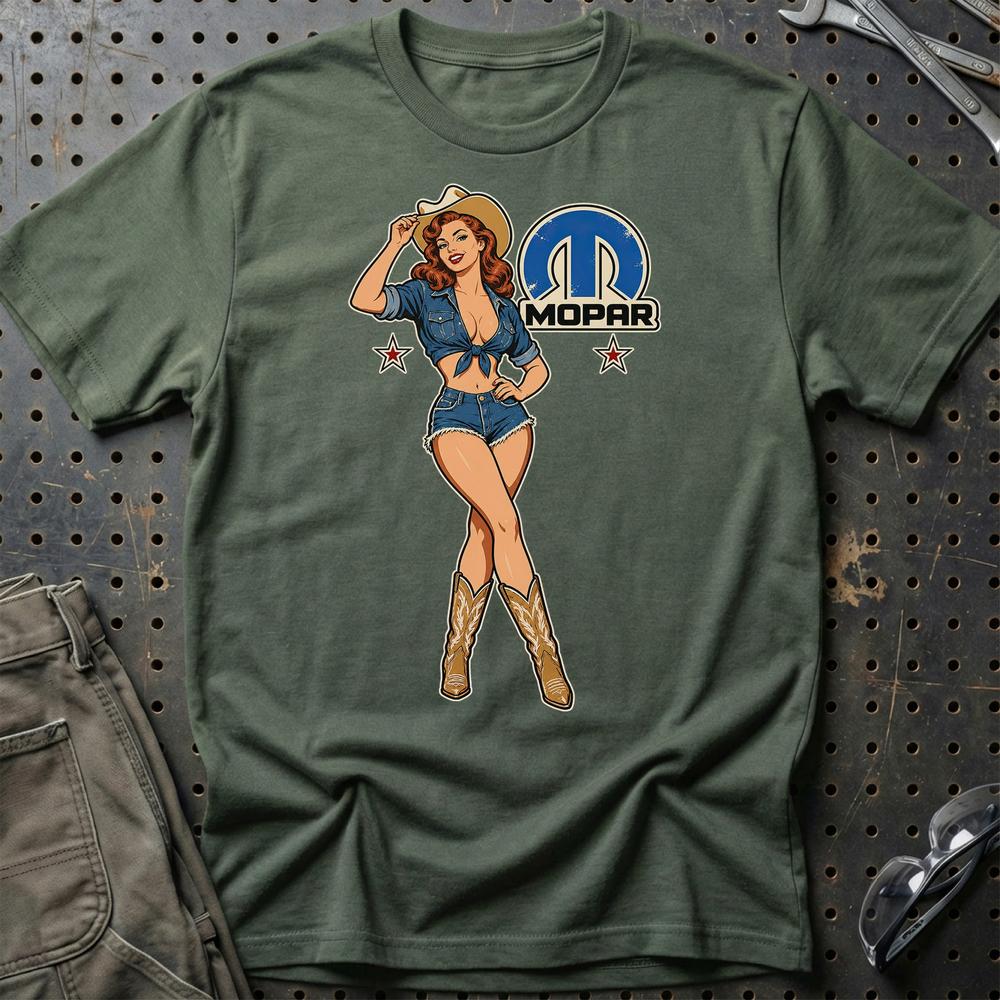 Mopar Cowboy Pinup T-Shirt-Beklædning-Mopar-Grøn Militær-S-Garage Culture Shop- garage - man cave - merchandise
