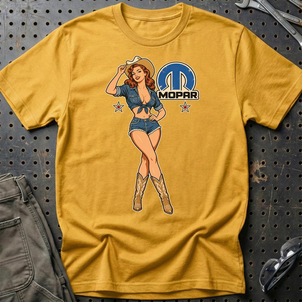 Mopar Cowboy Pinup T-Shirt-Beklædning-Mopar-Guld-S-Garage Culture Shop- garage - man cave - merchandise