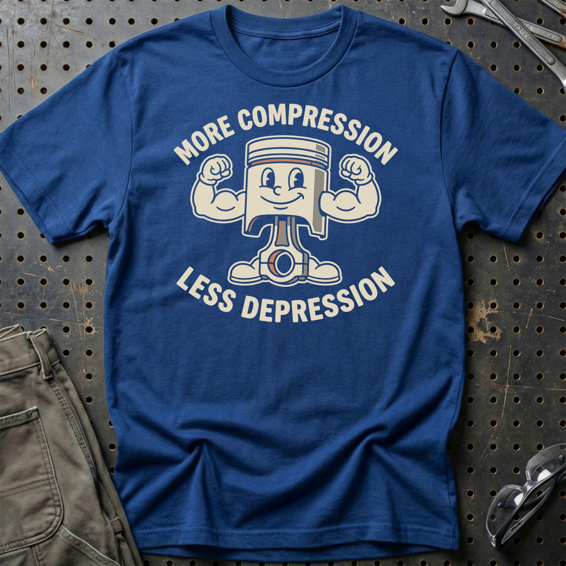 More Compression, Less Depression - Unisex T-Shirt , Bomuld-Beklædning-Garage Culture-Blå Royal-S-Garage Culture Shop- garage - man cave - merchandise