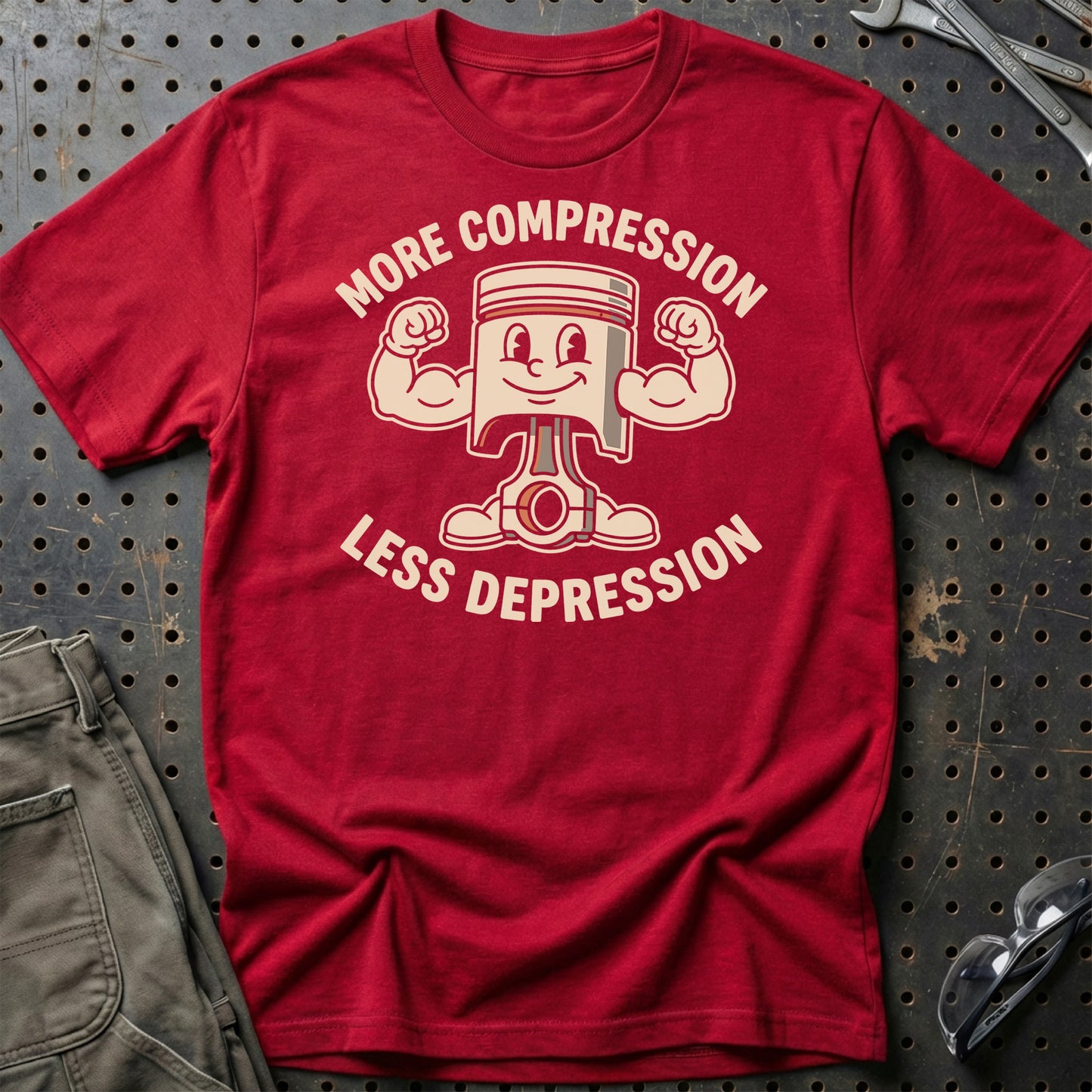 More Compression, Less Depression - Unisex T-Shirt , Bomuld-Beklædning-Garage Culture-Rød-S-Garage Culture Shop- garage - man cave - merchandise